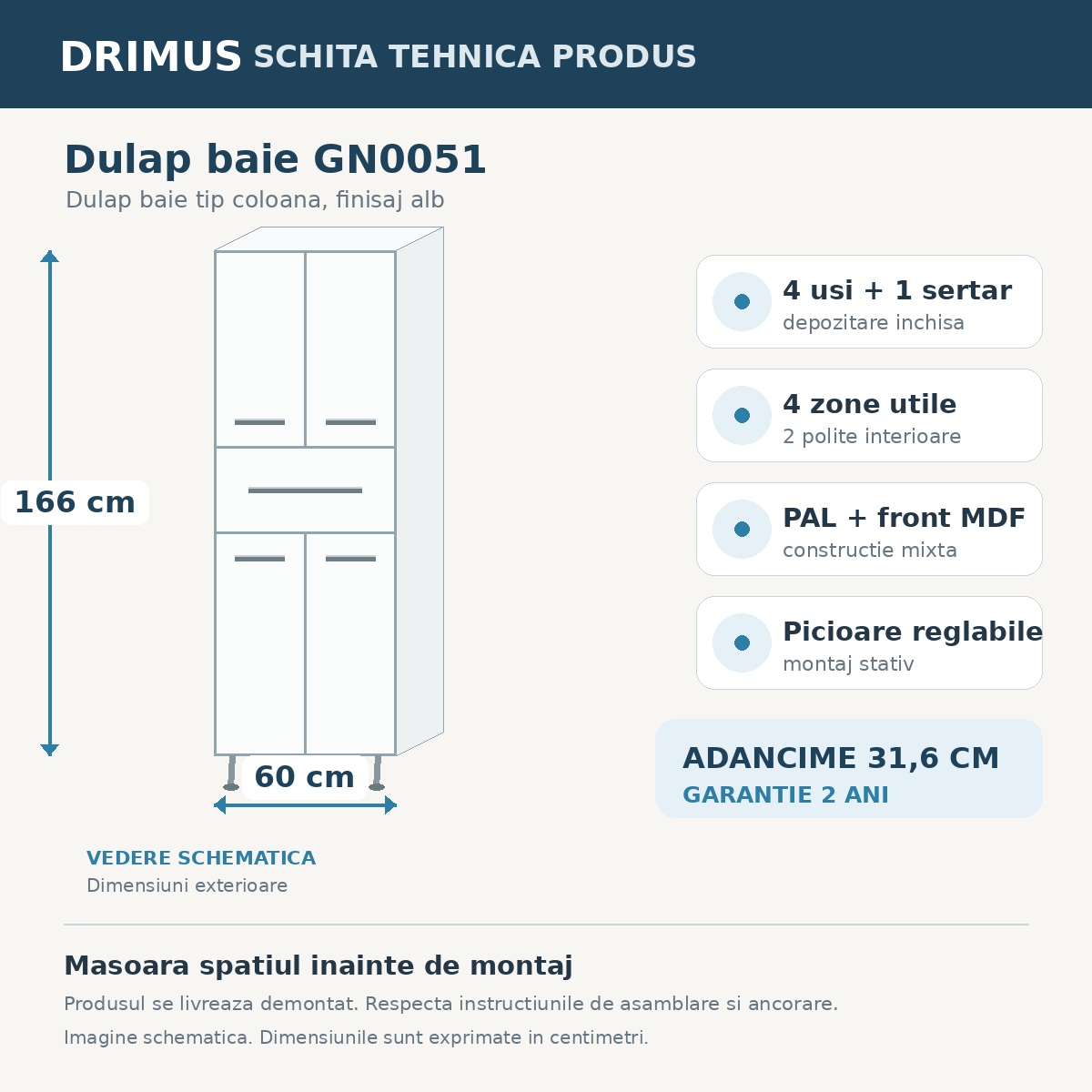Schita tehnica Dulap baie GN0051 - dimensiuni si caracteristici