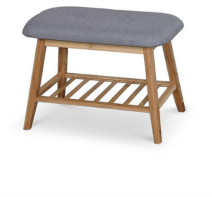 Bancheta cu suport pentru pantofi HM ST14, lemn masiv, stofa, capacitate 4 perechi, gri/natur [1]