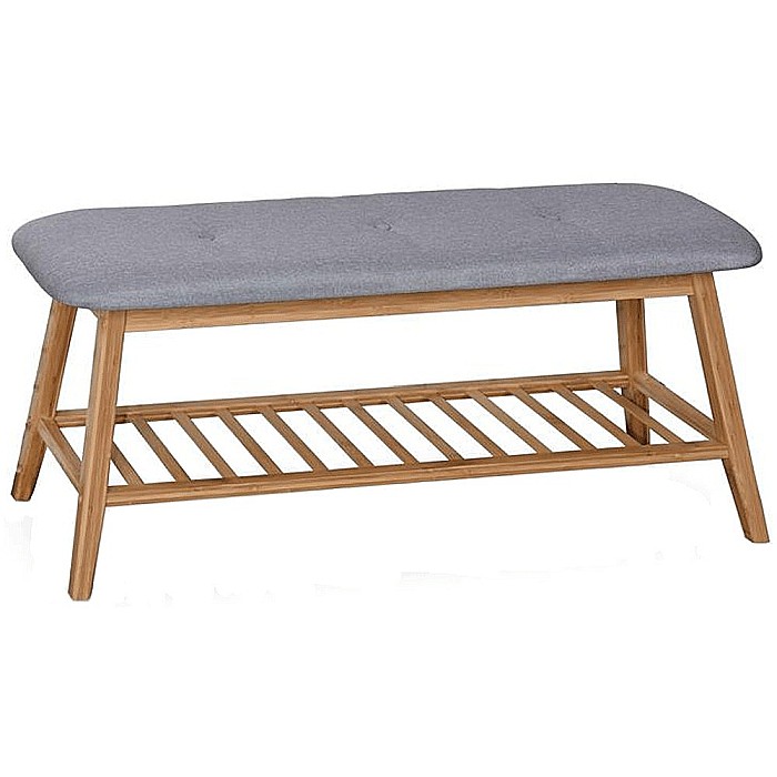 Bancheta cu suport pentru pantofi HM ST15, lemn masiv, stofa, capacitate 10 perechi, gri/natur [2]
