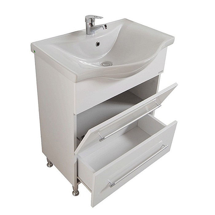 Baza cu lavoar ceramic GN1871, mobilier baie 65 cm, front MDF, 1 sertar, 1 usa, picioare cromate reglabile, manere cromate, alb [2]