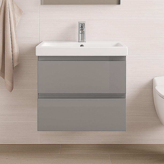 Baza si lavoar ceramic CS9761, mobilier baie suspendat 60 cm, dreptunghiular, front MDF, 2 sertare, glisiere soft close, gri [2]