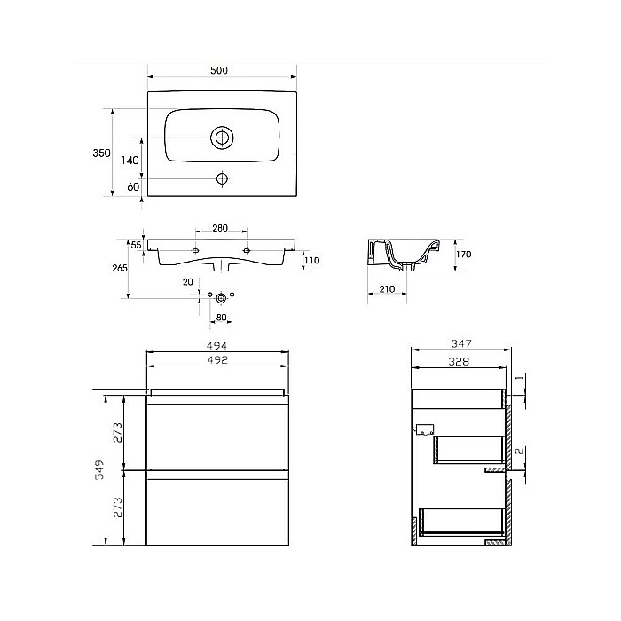 Baza si lavoar ceramic CS9821 Slim, mobilier baie suspendat 50 cm, dreptunghiular, front MDF, 2 sertare, glisiere soft close, gri [5]