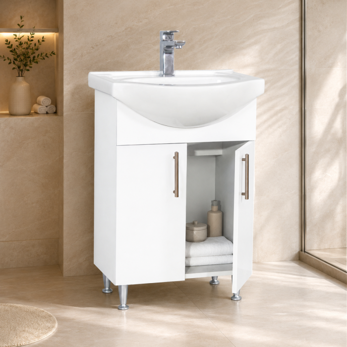 Baza si lavoar ceramic eco GN0051, 2 usi, cu picioare reglabile, balamale soft close, 50 cm, alb [2]