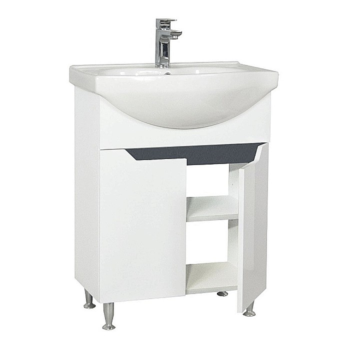 Baza si lavoar ceramic GN0501, mobilier baie stativ 60 cm, circular, front MDF, 2 usi, 2 rafturi, picioare cromate reglabile, alb/antracit [3]