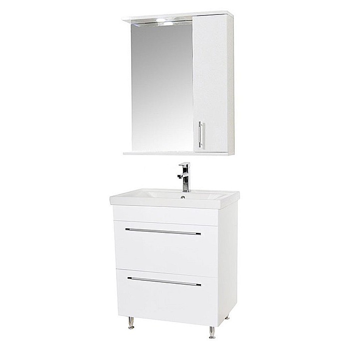 Baza si lavoar ceramic GN0541 cu oglinda dulap GN0201, mobilier baie stativ 60 cm, front MDF, 2 sertare, picioare cromate reglabile, LED, alb [1]