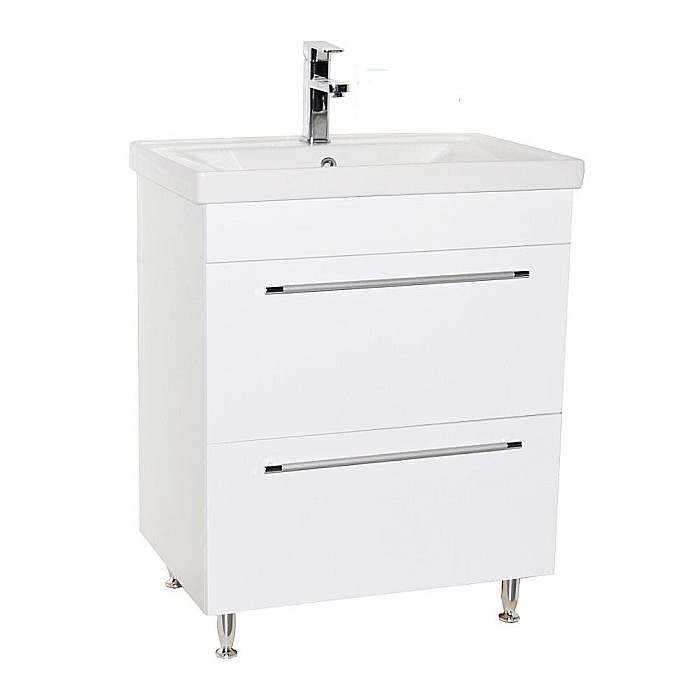 Baza si lavoar ceramic GN0541 cu oglinda dulap GN0201, mobilier baie stativ 60 cm, front MDF, 2 sertare, picioare cromate reglabile, LED, alb [5]