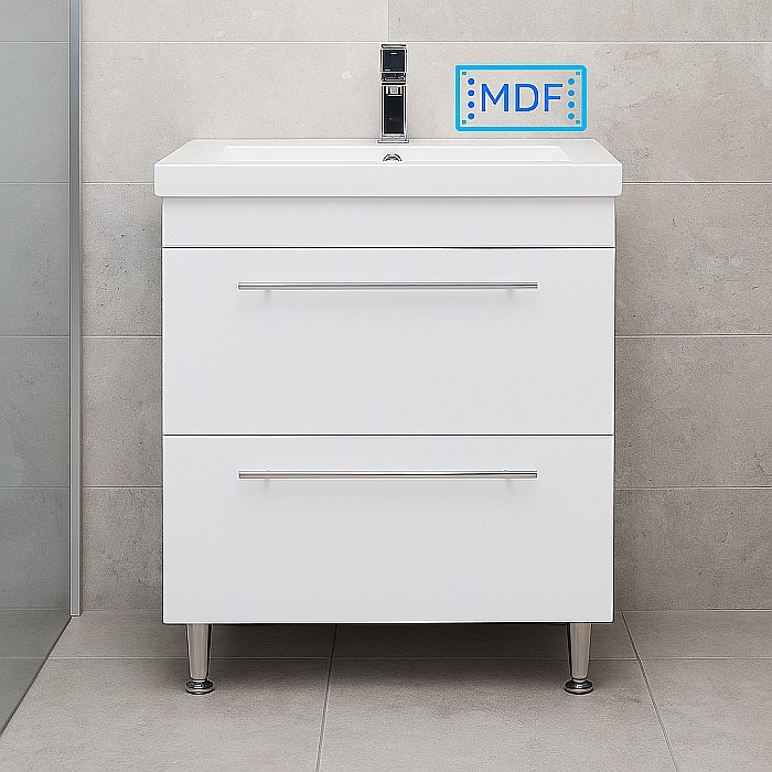 Baza si lavoar ceramic GN0541 cu oglinda dulap GN0201, mobilier baie stativ 60 cm, front MDF, 2 sertare, picioare cromate reglabile, LED, alb [9]