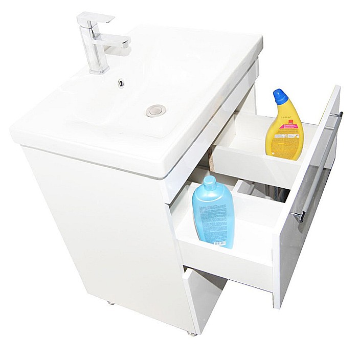 Baza si lavoar ceramic GN0541, mobilier baie stativ 60 cm, front MDF, 2 sertare, picioare cromate reglabile, alb [7]