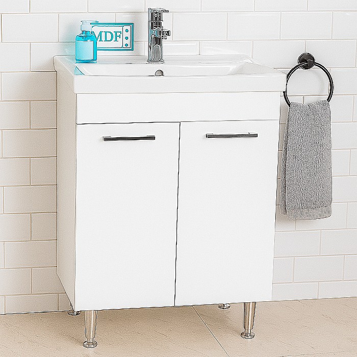 Baza si lavoar ceramic GN0541, mobilier baie stativ 60 cm, front MDF, 2 usi, 2 rafturi, balamale soft close, picioare cromate reglabile, alb [2]