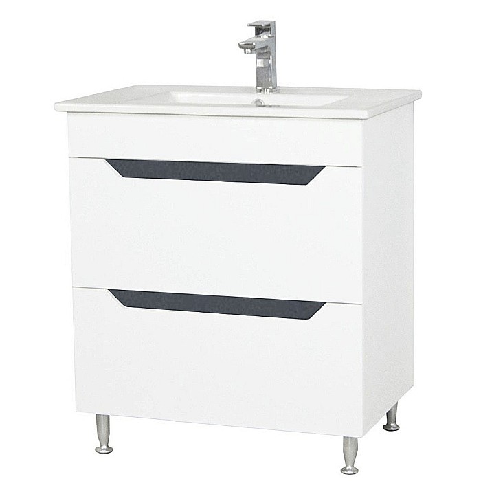 Baza si lavoar ceramic GN0561, mobilier baie stativ 70 cm, front MDF, 2 sertare, glisiere soft close, picioare cromate reglabile, alb/antracit [1]
