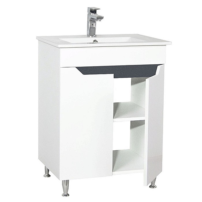 Baza si lavoar ceramic GN0561, mobilier baie stativ 50 cm, front MDF, 2 usi, 2 rafturi, picioare cromate reglabile, alb/antracit [2]