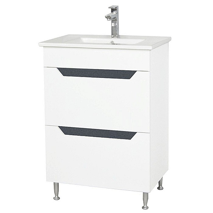 Baza si lavoar ceramic GN0561, mobilier baie stativ 60 cm, dreptunghiular, front MDF, 2 sertare, glisiere soft close, picioare cromate reglabile, alb/antracit [2]