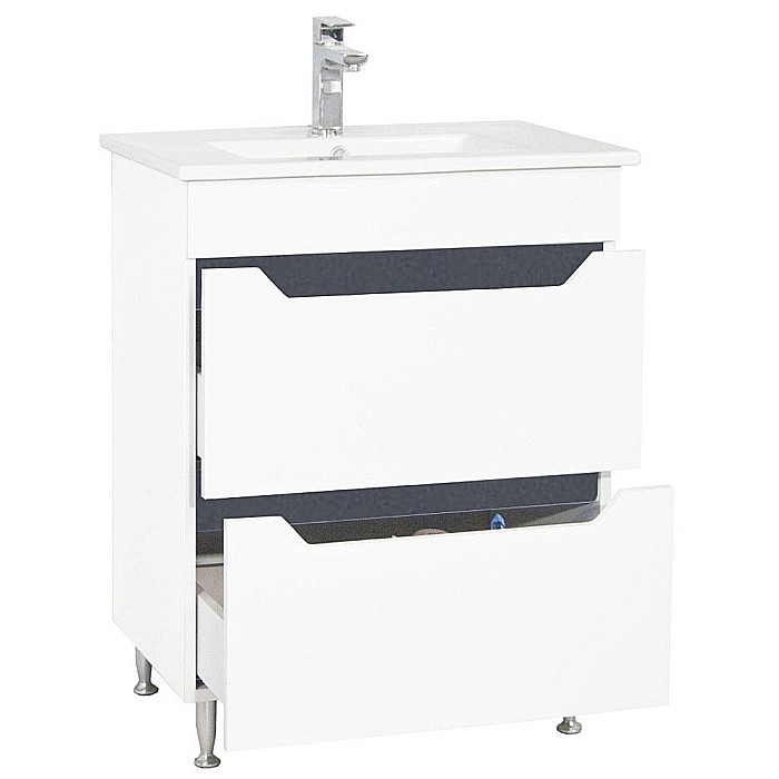Baza si lavoar ceramic GN0561, mobilier baie stativ 60 cm, dreptunghiular, front MDF, 2 sertare, glisiere soft close, picioare cromate reglabile, alb/antracit [3]