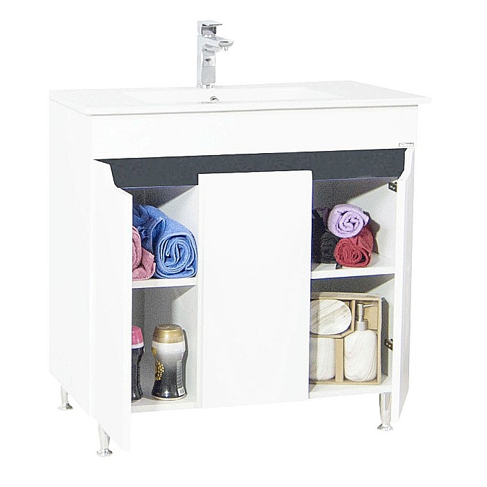 Baza si lavoar ceramic GN0561, mobilier baie stativ 80 cm, front MDF, 2 usi, 2 rafturi, picioare cromate reglabile, alb/antracit [4]
