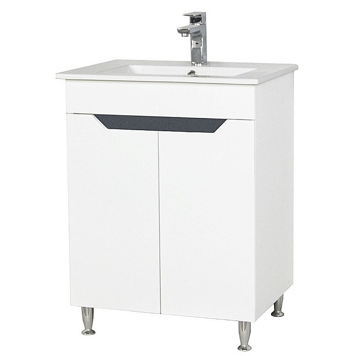 Baza si lavoar ceramic GN0561, mobilier baie stativ 50 cm, front MDF, 2 usi, 2 rafturi, picioare cromate reglabile, alb/antracit [3]