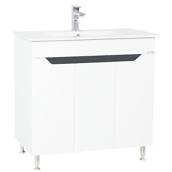 Baza si lavoar ceramic GN0561, mobilier baie stativ 80 cm, front MDF, 2 usi, 2 rafturi, picioare cromate reglabile, alb/antracit [2]