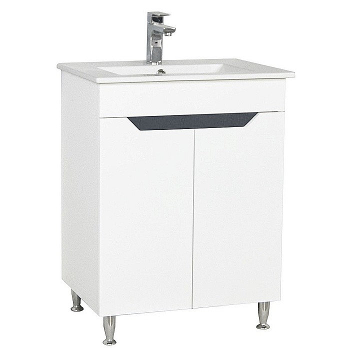 Baza si lavoar ceramic GN0561, mobilier baie stativ 60 cm, front MDF, 2 usi, 2 rafturi, picioare cromate reglabile, alb/antracit [1]