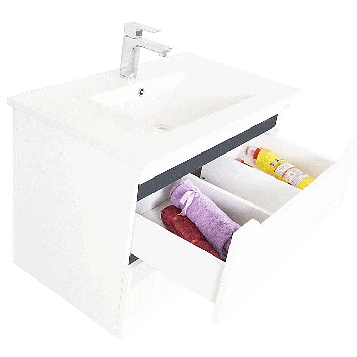 Baza si lavoar ceramic GN0561, mobilier baie stativ 70 cm, front MDF, 2 sertare, glisiere soft close, picioare cromate reglabile, alb/antracit [4]