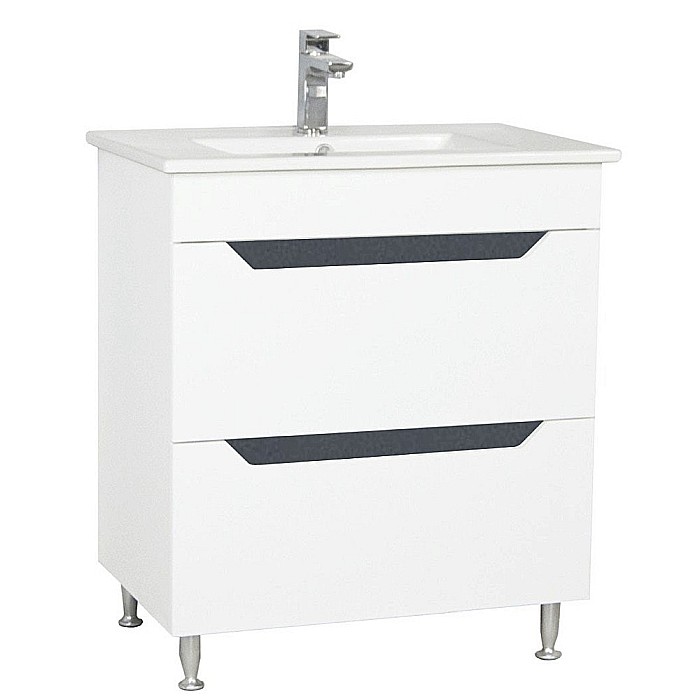 Baza si lavoar ceramic GN0561, mobilier baie stativ 70 cm, front MDF, 2 sertare, glisiere soft close, picioare cromate reglabile, alb/antracit [2]