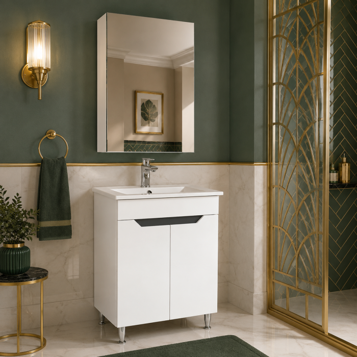 Baza si lavoar ceramic GN0561, mobilier baie stativ 70 cm, front MDF, 2 usi, picioare cromate reglabile, alb/antracit [2]