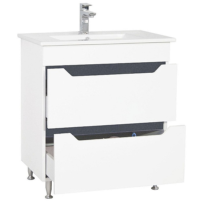 Baza si lavoar ceramic GN0561, mobilier baie stativ 70 cm, front MDF, 2 sertare, glisiere soft close, picioare cromate reglabile, alb/antracit [3]