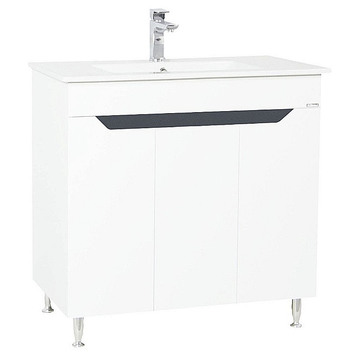 Baza si lavoar ceramic GN0561, mobilier baie stativ 80 cm, front MDF, 2 usi, 2 rafturi, picioare cromate reglabile, alb/antracit [3]