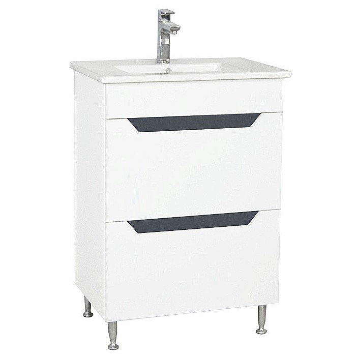 Baza si lavoar ceramic GN0561, mobilier baie stativ 60 cm, dreptunghiular, front MDF, 2 sertare, glisiere soft close, picioare cromate reglabile, alb/antracit [1]
