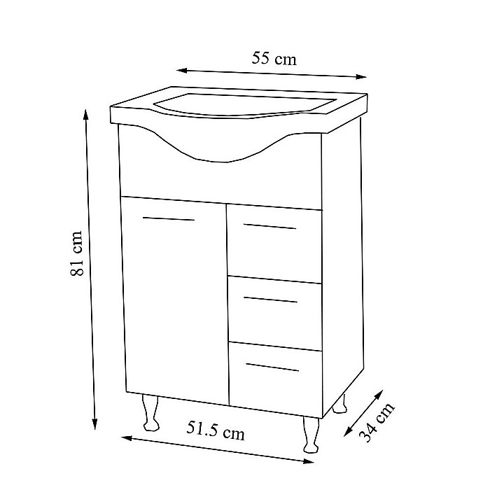 Baza si lavoar ceramic GN1531, mobilier baie stativ 55 cm, front MDF, 2 usi, 2 sertare, balamale soft close, picioare cromate reglabile, alb [4]
