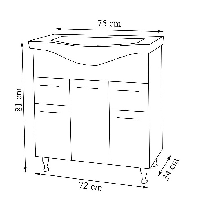 Baza si lavoar ceramic GN1531, mobilier baie stativ 75 cm, front MDF, 2 usi, 3 sertare, balamale soft close, picioare cromate reglabile, alb [4]