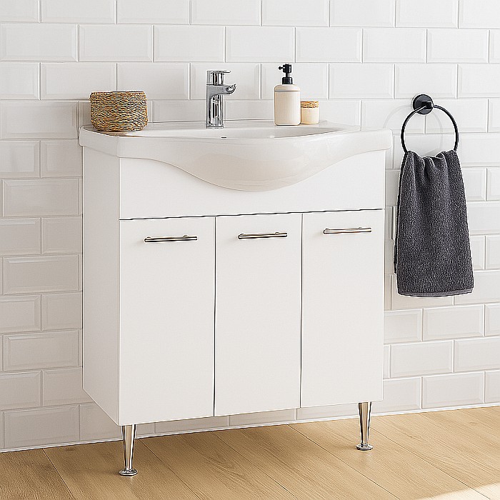 Baza si lavoar ceramic GN1531, mobilier baie stativ 80 cm, front MDF, 3 usi, balamale soft close, picioare cromate reglabile, alb [5]