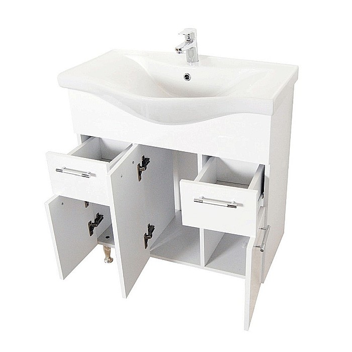 Baza si lavoar ceramic GN1531, mobilier baie stativ 75 cm, front MDF, 2 usi, 3 sertare, balamale soft close, picioare cromate reglabile, alb [3]