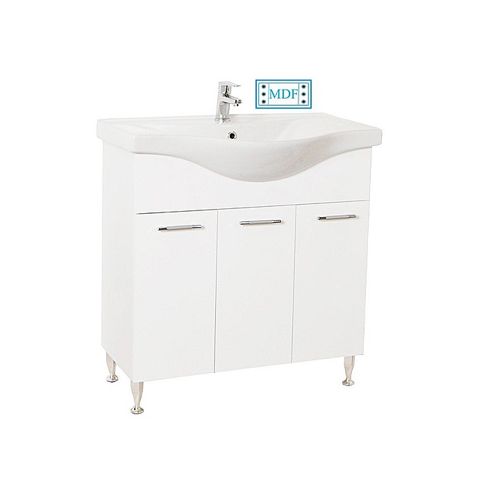 Baza si lavoar ceramic GN1531, mobilier baie stativ 80 cm, front MDF, 3 usi, balamale soft close, picioare cromate reglabile, alb [1]