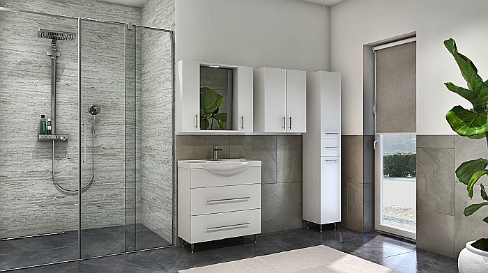 Baza si lavoar ceramic GN1871, mobilier baie stativ 55 cm, front MDF, 1 sertar, 1 usa, picioare cromate reglabile, alb [5]