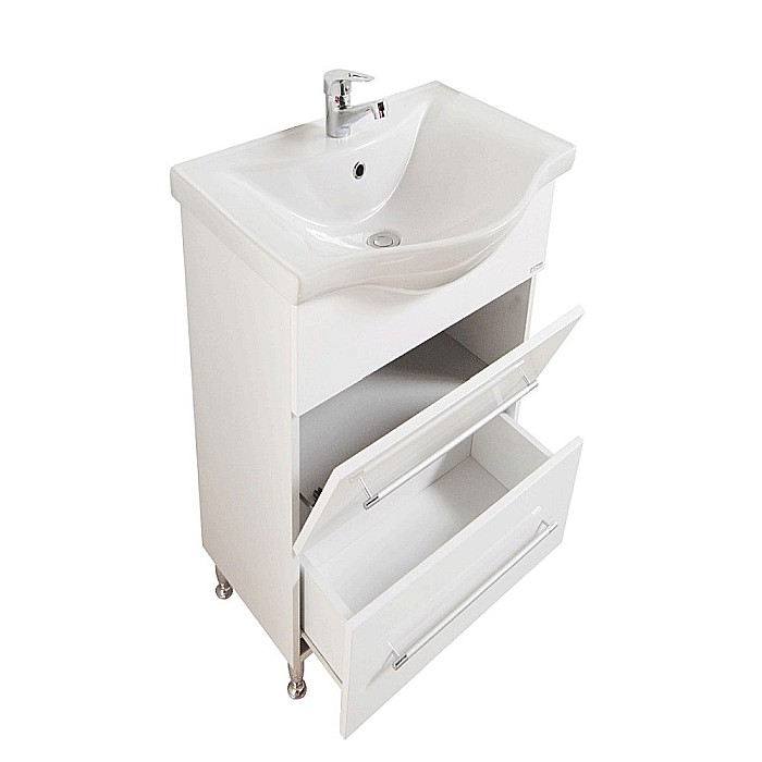 Baza si lavoar ceramic GN1871, mobilier baie stativ 55 cm, front MDF, 1 sertar, 1 usa, picioare cromate reglabile, alb [2]