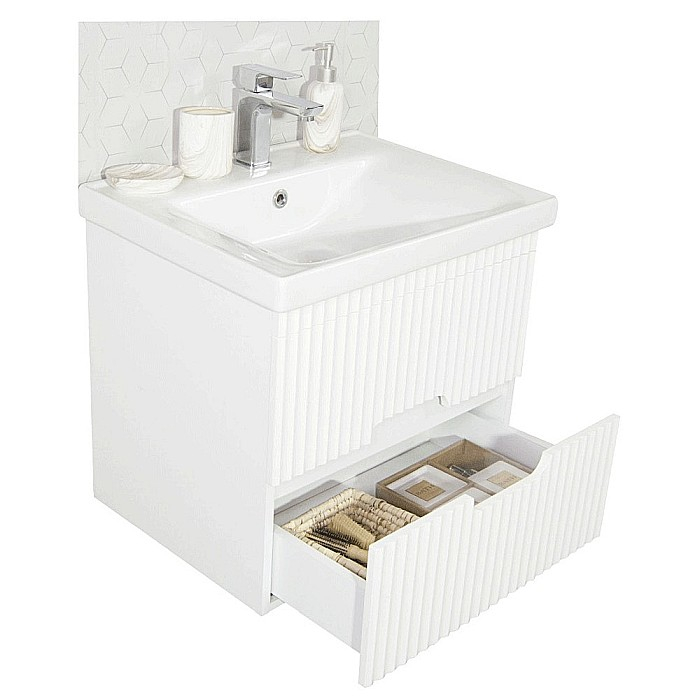 Baza si lavoar ceramic GN7091, mobilier baie suspendat 80 cm, dreptunghiular, front MDF riflat, sertare soft close, alb [3]