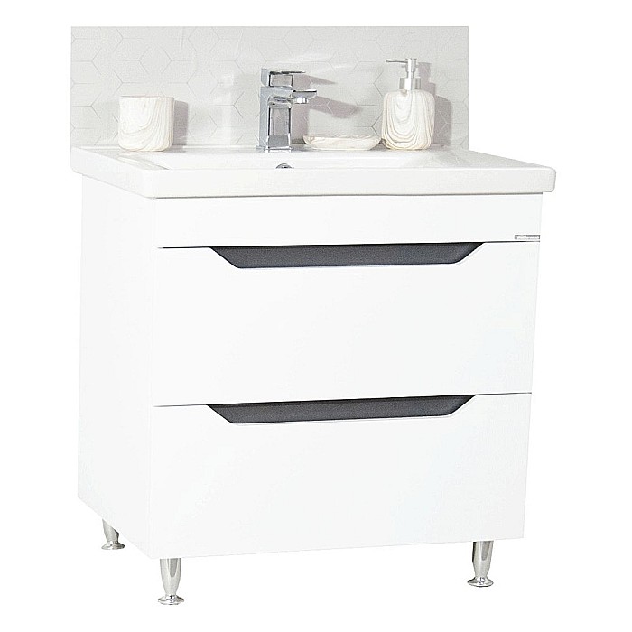 Baza si lavoar ceramic GN7561, mobilier baie stativ 80 cm, circular, front MDF, 2 sertare, picioare cromate reglabile, alb/antracit [1]