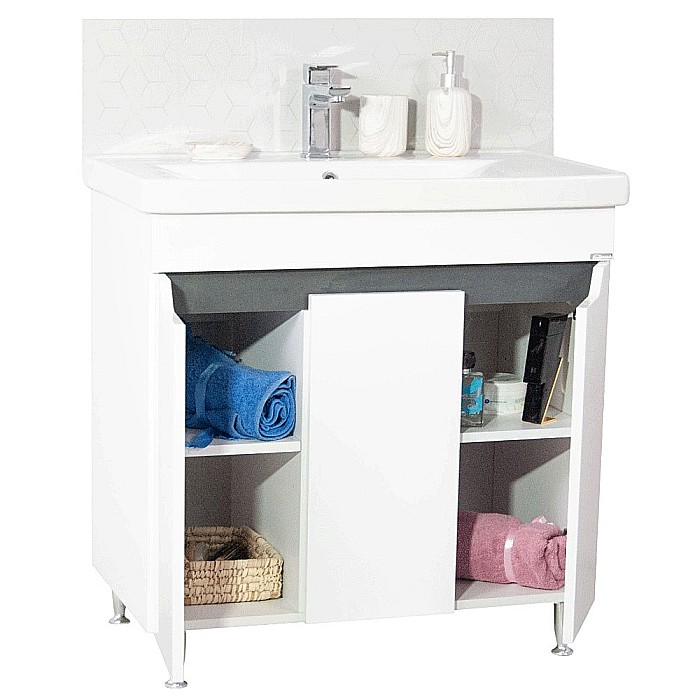 Baza si lavoar ceramic GN7561, mobilier baie stativ 80 cm, circular, front MDF, 3 usi, 2 rafturi, picioare cromate reglabile, alb/antracit [2]