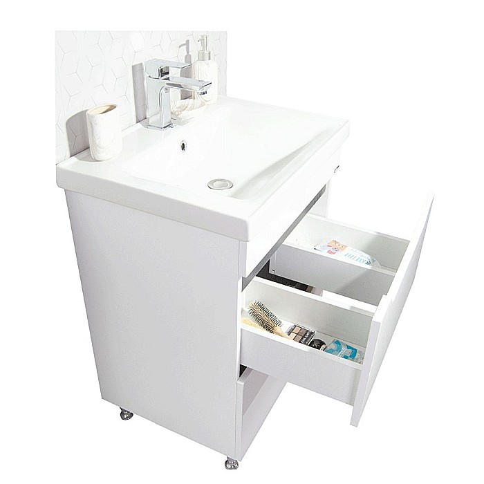Baza si lavoar ceramic GN7561, mobilier baie stativ 80 cm, circular, front MDF, 2 sertare, picioare cromate reglabile, alb/antracit [2]