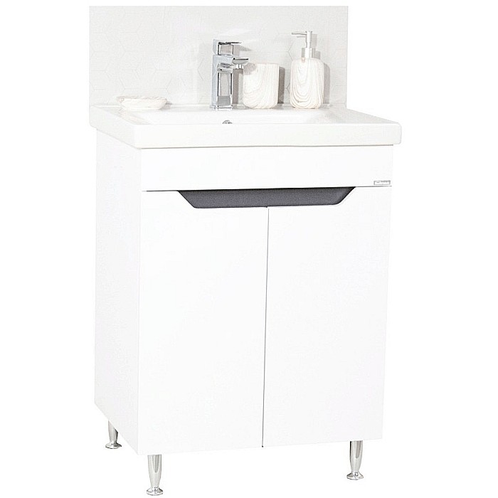 Baza si lavoar ceramic GN7561, mobilier baie stativ 60 cm, circular, front MDF, 2 usi, 1 raft, picioare cromate reglabile, alb/antracit [1]