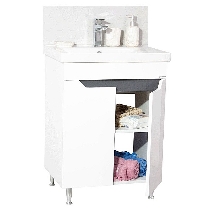 Baza si lavoar ceramic GN7561, mobilier baie stativ 60 cm, front MDF, 2 usi, 1 raft, picioare cromate reglabile, alb/antracit [3]