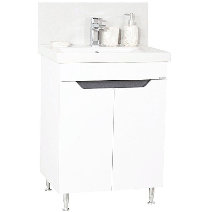Baza si lavoar ceramic GN7561, mobilier baie stativ 60 cm, front MDF, 2 usi, 1 raft, picioare cromate reglabile, alb/antracit [2]