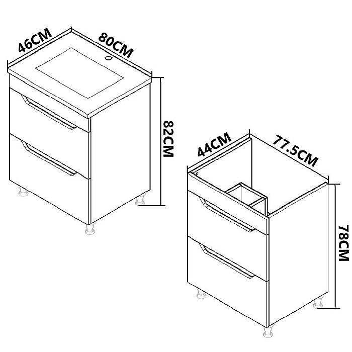 Baza si lavoar ceramic GN7561, mobilier baie stativ 80 cm, front MDF, 2 sertare, picioare cromate reglabile, alb/antracit [2]