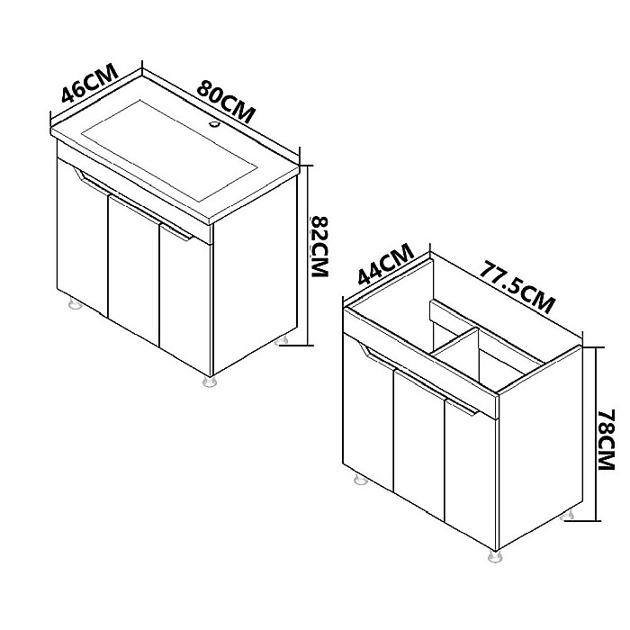 Baza si lavoar ceramic GN7561, mobilier baie stativ 80 cm, front MDF, 3 usi, 2 rafturi, picioare cromate reglabile, alb/antracit [5]