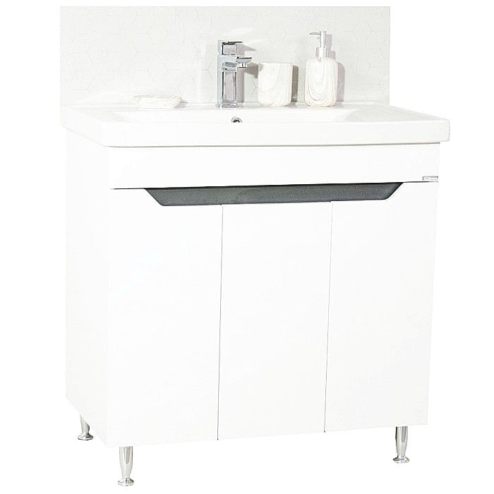 Baza si lavoar ceramic GN7561, mobilier baie stativ 80 cm, front MDF, 3 usi, 2 rafturi, picioare cromate reglabile, alb/antracit [2]