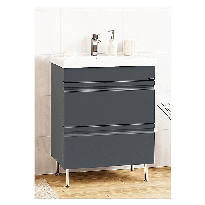 Baza si lavoar ceramic GN7861, mobilier baie suspendat 60 cm, dreptunghiular, front MDF, sertare soft close, antracit [4]