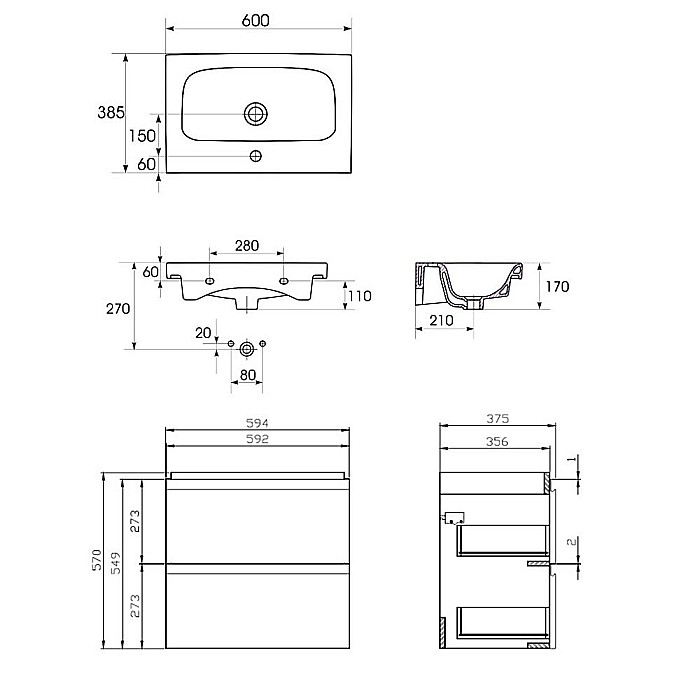 Baza si lavoar CS9801 Slim - 60 cm, suspendat, sertare, gri [5]