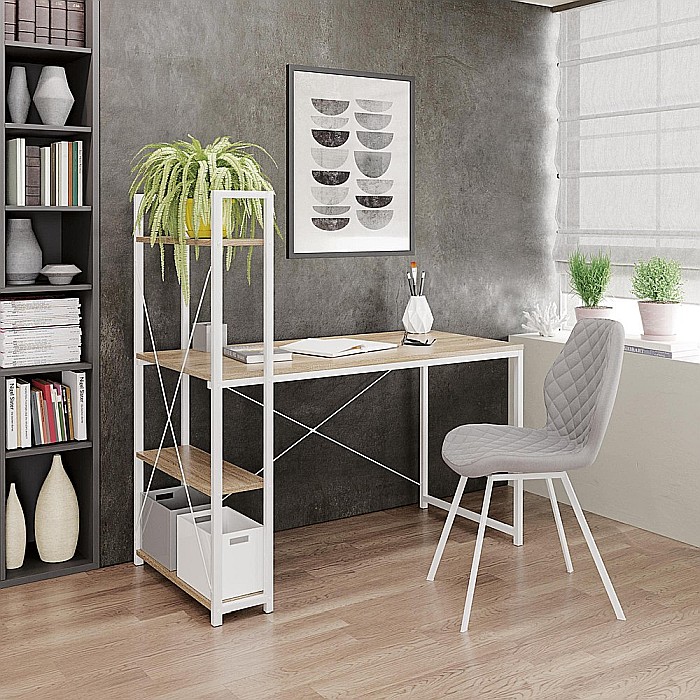 Birou cu rafturi HM Narvik B1, industrial, cadru metalic, PAL melaminat, 120x64x120 cm, stejar sonoma - alb [2]