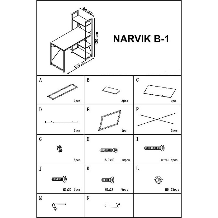 Birou cu rafturi HM Narvik B1, industrial, cadru metalic, PAL melaminat, 120x64x120 cm, stejar sonoma - alb [5]