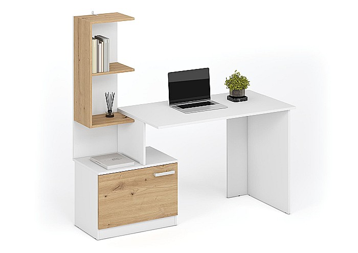 Birou cu spatii depozitare HM Miso, blat PAL, cu rafturi, organizator, design modern, alb/stejar artizanal [2]