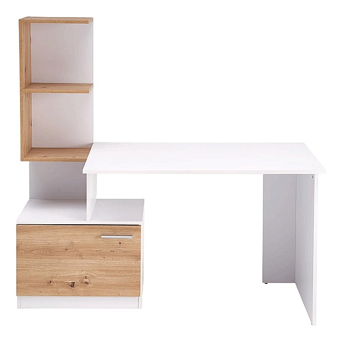 Birou cu spatii depozitare HM Miso, blat PAL, cu rafturi, organizator, design modern, alb/stejar artizanal [4]